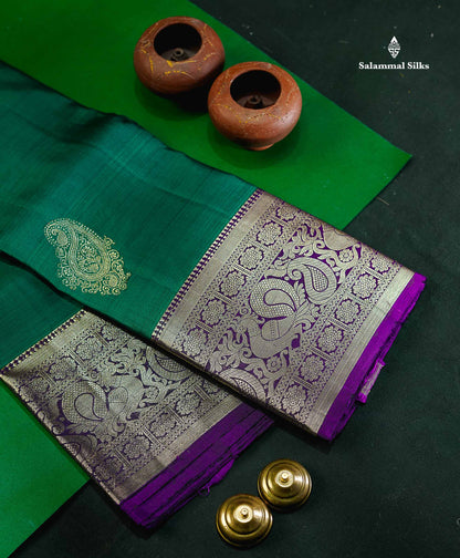 Beautiful Teal Green Pure Kanjivaram Silk Saree With Contrast Violet Traditional Border