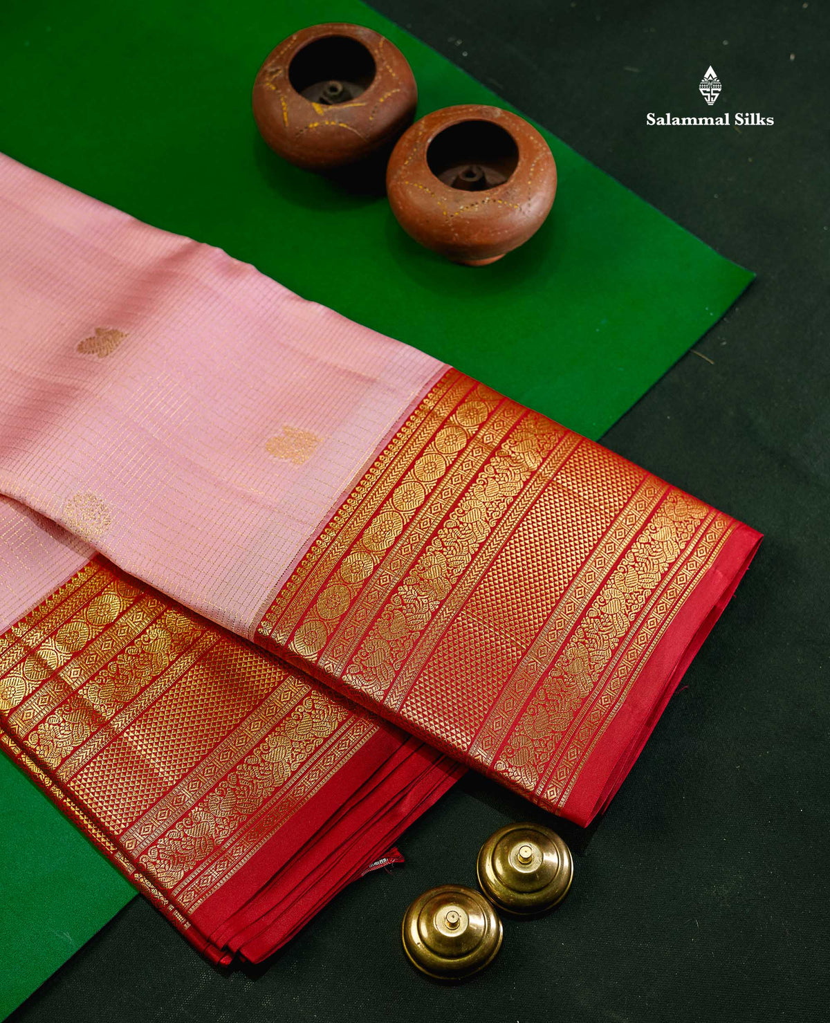 Pure Kanjivaram Silk Saree - Light Pink Colour Body Small Checks With Butta & Contrast Chilly Red Border