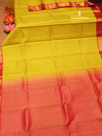 Vairaoosi Manthulir Yellow Colour Pure Kanjivaram Silk Saree with Contrast Small Pink Border