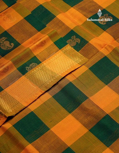 Beautiful Paalum Pazham Checks Pure Silk Cotton Saree With Contrast Mustard Yellow Blouse