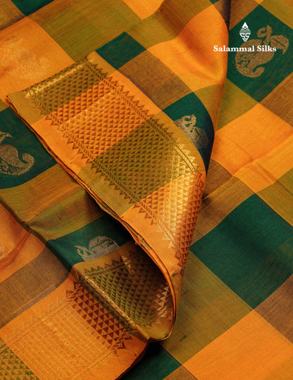 Beautiful Paalum Pazham Checks Pure Silk Cotton Saree With Contrast Mustard Yellow Blouse