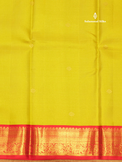 Vairaoosi Manthulir Yellow Colour Pure Kanjivaram Silk Saree with Contrast Small Pink Border