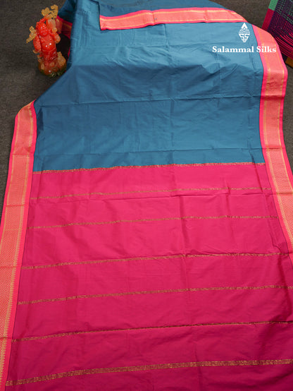 9 Yards Semi Silk Saree Peacock Green With Contrast Pink Traditional Border