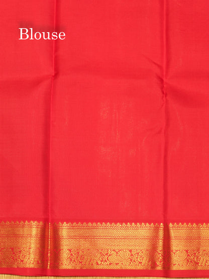 Vairaoosi Manthulir Yellow Colour Pure Kanjivaram Silk Saree with Contrast Small Pink Border