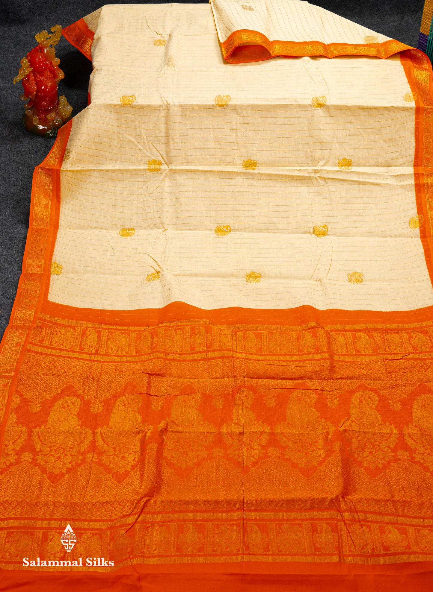 Beautiful Half White Zari Stripes Pure Sungudi Cotton Saree With Contrast Orange Traditional Small Border