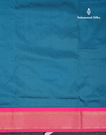 9 Yards Semi Silk Saree Peacock Green With Contrast Pink Traditional Border
