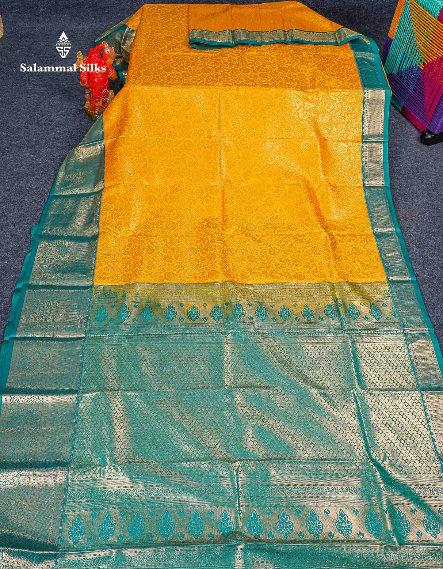 Bridal Semi Silk Saree -  Yellow Colour Body With Contrast Teal Green Evening Morning Border 