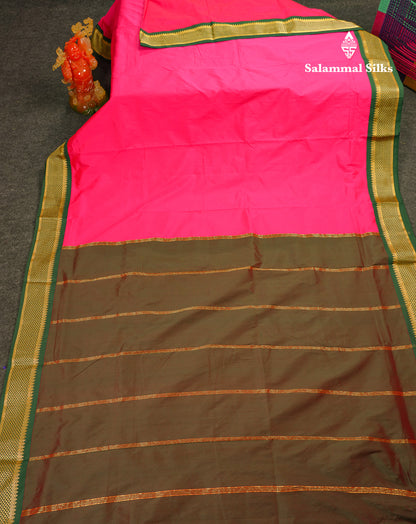 9 Yards Semi Silk Saree Peacock Green With Contrast Pink Traditional Border