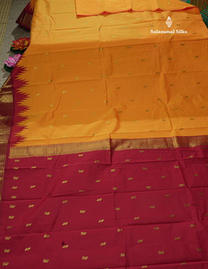 Mango Yellow Pure Mix Saree With One Side Maroon Traditional Temple Border