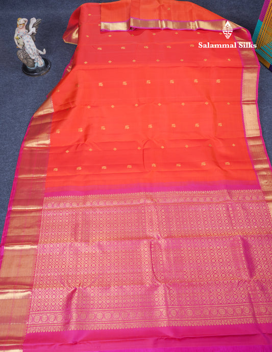 Orange Pure Kanjivaram Silk Saree With Contrast Magenta Pink Traditional Evening Morning Border