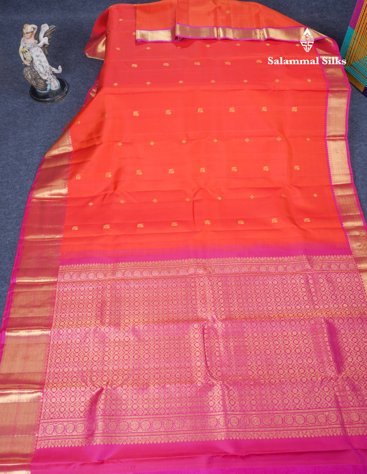 Orange Pure Kanjivaram Silk Saree With Contrast Magenta Pink Traditional Evening Morning Border