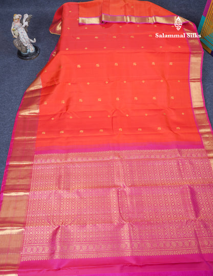 Orange Pure Kanjivaram Silk Saree With Contrast Magenta Pink Traditional Evening Morning Border