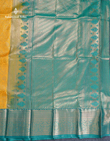 Bridal Semi Silk Saree -  Yellow Colour Body With Contrast Teal Green Evening Morning Border
