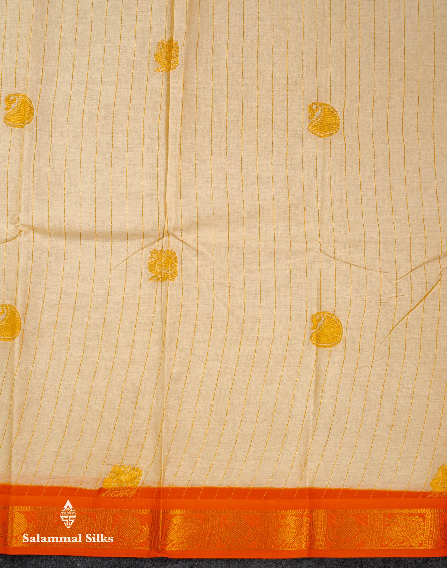 Beautiful Half White Zari Stripes Pure Sungudi Cotton Saree With Contrast Orange Traditional Small Border