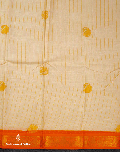 Beautiful Half White Zari Stripes Pure Sungudi Cotton Saree With Contrast Orange Traditional Small Border