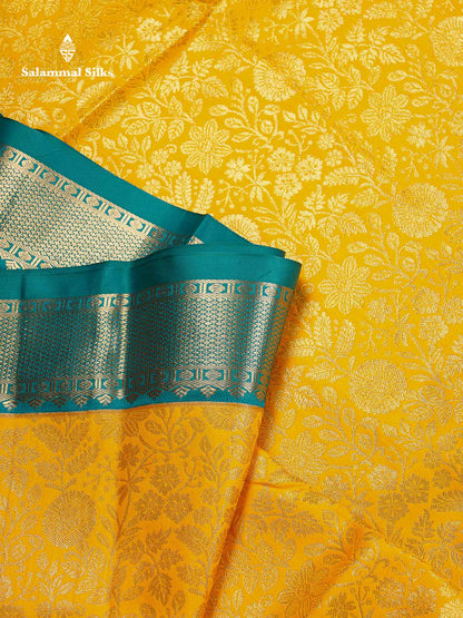 Bridal Semi Silk Saree -  Yellow Colour Body With Contrast Teal Green Evening Morning Border