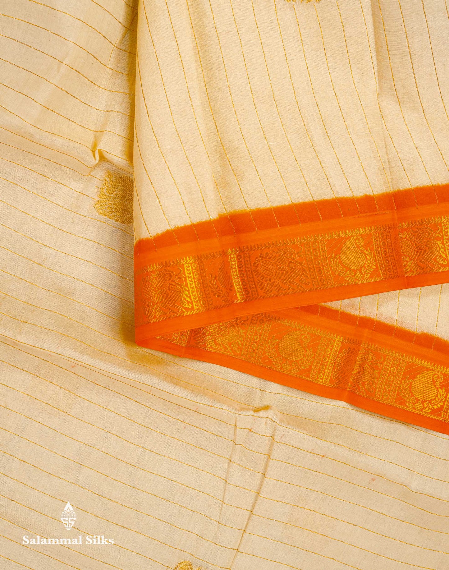 Beautiful Half White Zari Stripes Pure Sungudi Cotton Saree With Contrast Orange Traditional Small Border