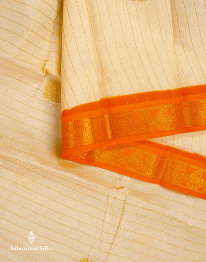 Beautiful Half White Zari Stripes Pure Sungudi Cotton Saree With Contrast Orange Traditional Small Border