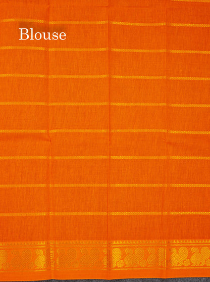 Beautiful Half White Zari Stripes Pure Sungudi Cotton Saree With Contrast Orange Traditional Small Border