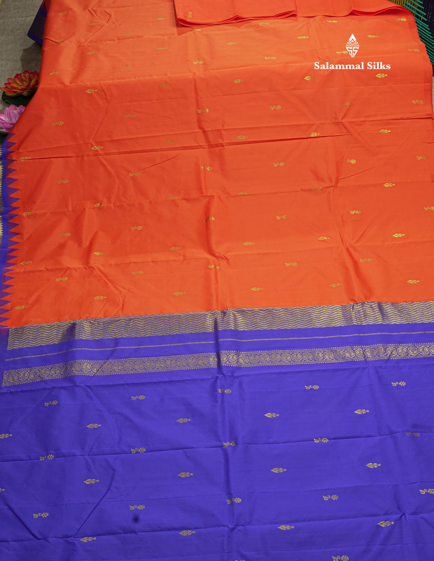 Fanta Orange Pure Mix Saree With One Side Traditional Temple Violet Border