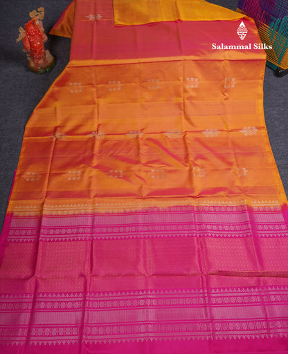 Beautiful Dual Tone Orange Pure Kanjivaram Soft Silk Saree With Contrast Pink Blouse