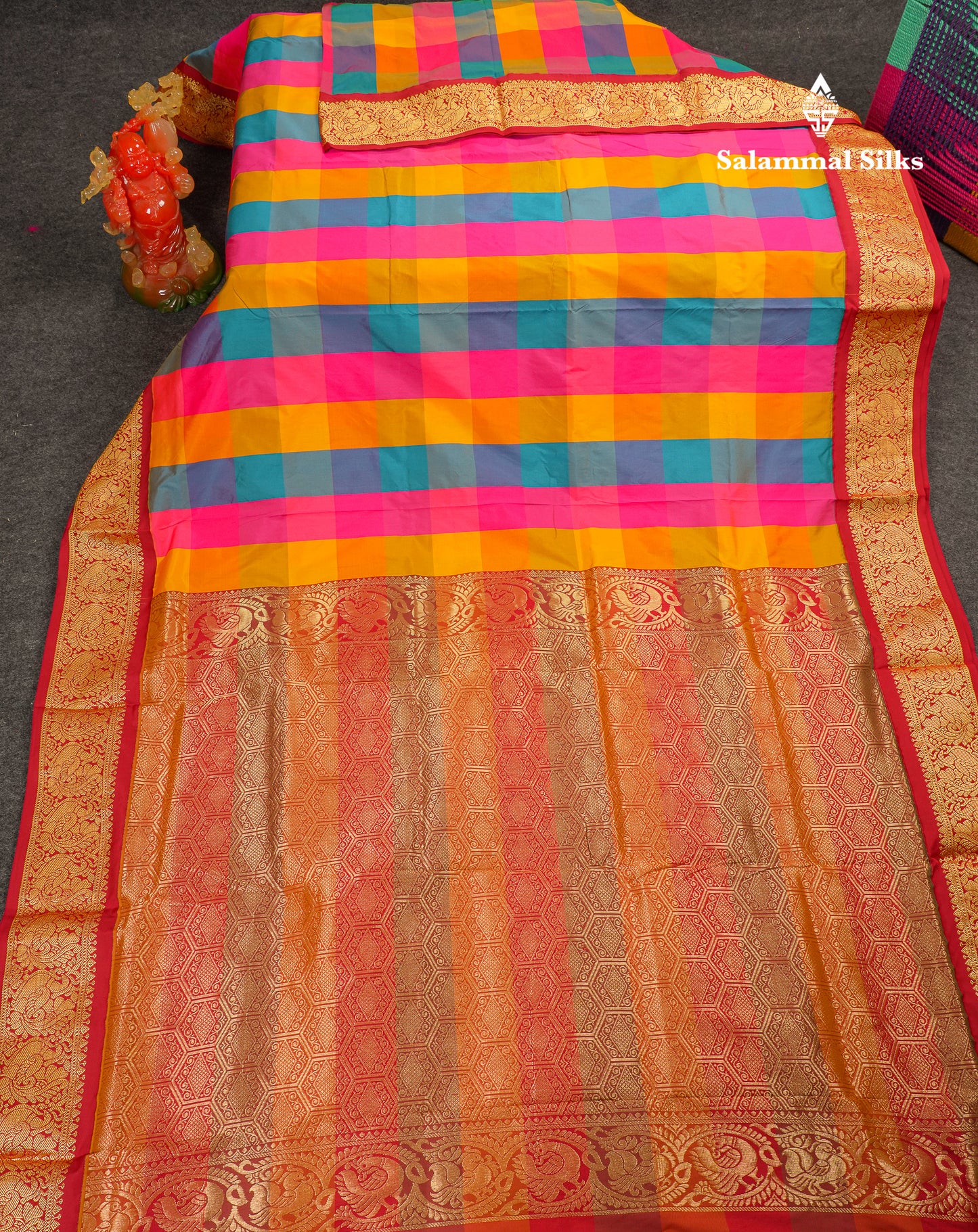 9 Yards Semi Silk Saree Paalum Pazham Checks With Contrast Maroon Traditional Border