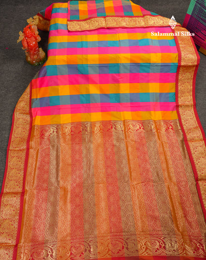 9 Yards Semi Silk Saree Paalum Pazham Checks With Contrast Maroon Traditional Border