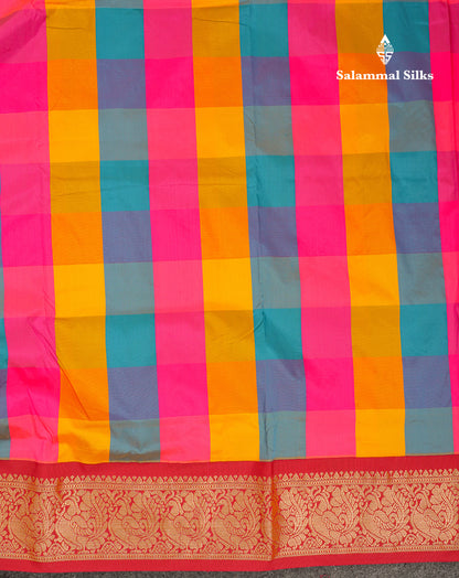 9 Yards Semi Silk Saree Paalum Pazham Checks With Contrast Maroon Traditional Border