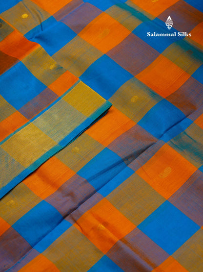 Beautiful Paalum Pazham Checks Pure Silk Cotton Saree With Contrast Blue Blouse