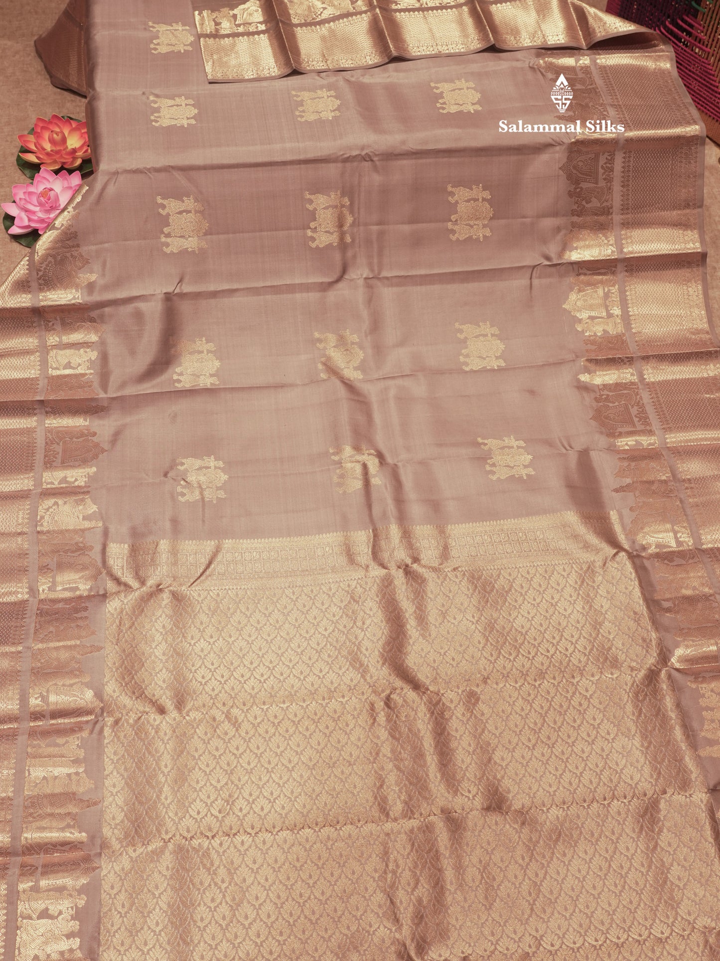 Ash Colour Pure Kanjivaram Silk Saree with Pallakku Border