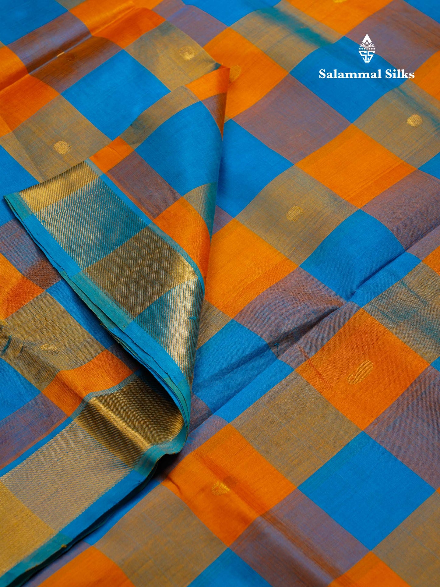 Beautiful Paalum Pazham Checks Pure Silk Cotton Saree With Contrast Blue Blouse