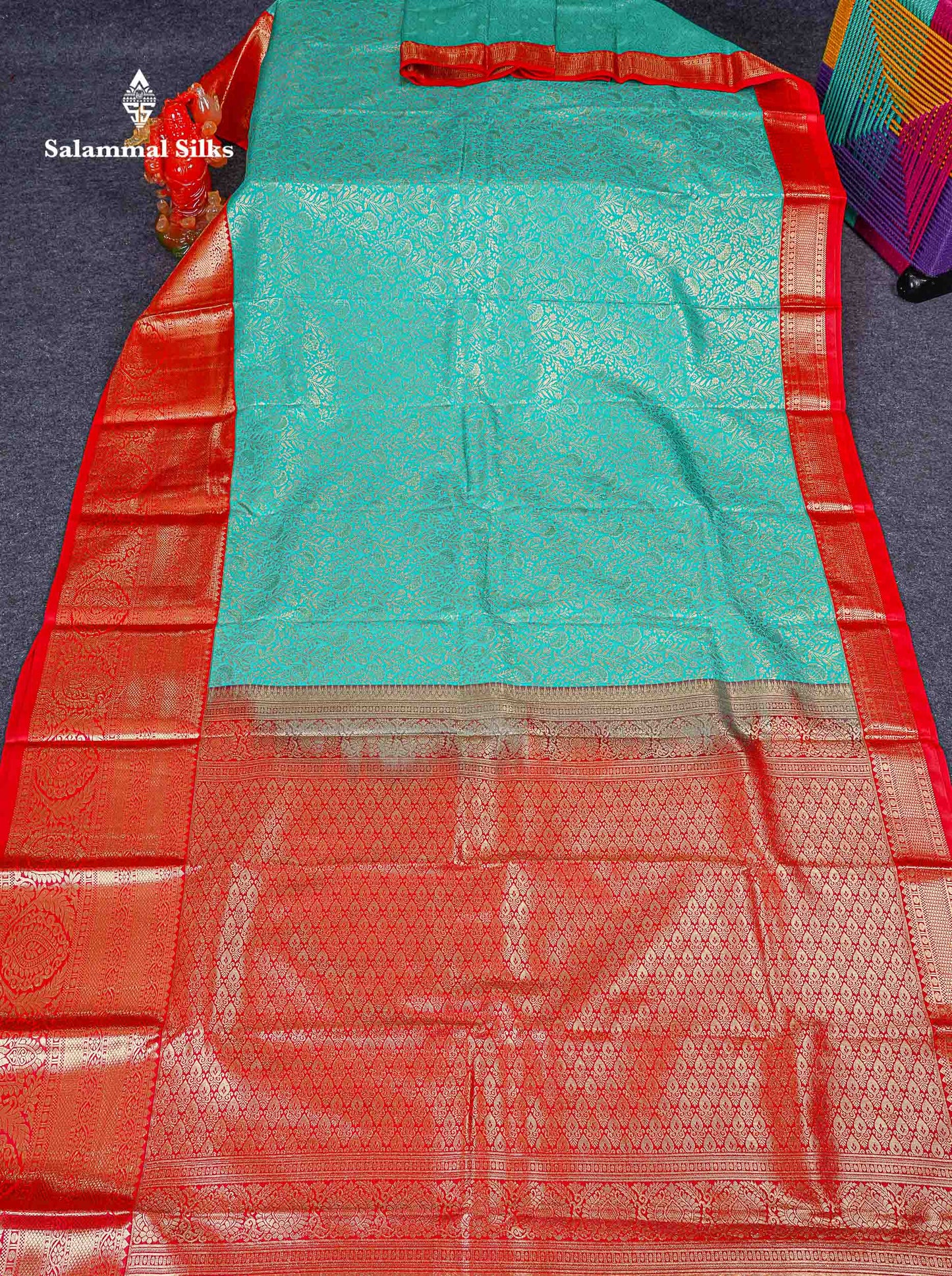 Bridal Semi Silk Saree -  Sea Green Colour Body With Contrast Chilly Red Evening Morning Border