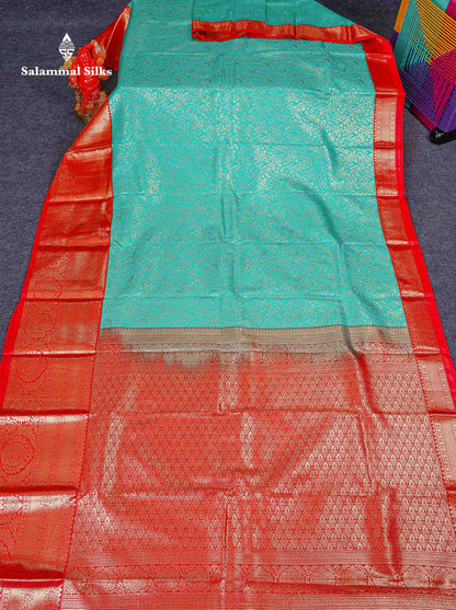 Bridal Semi Silk Saree -  Sea Green Colour Body With Contrast Chilly Red Evening Morning Border