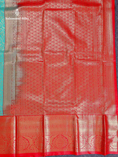 Bridal Semi Silk Saree -  Sea Green Colour Body With Contrast Chilly Red Evening Morning Border