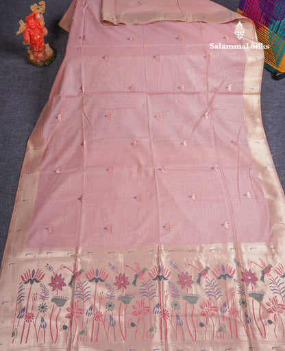 Beautiful Onion Pink Menakari Work Muga Cotton Saree With Fancy Border