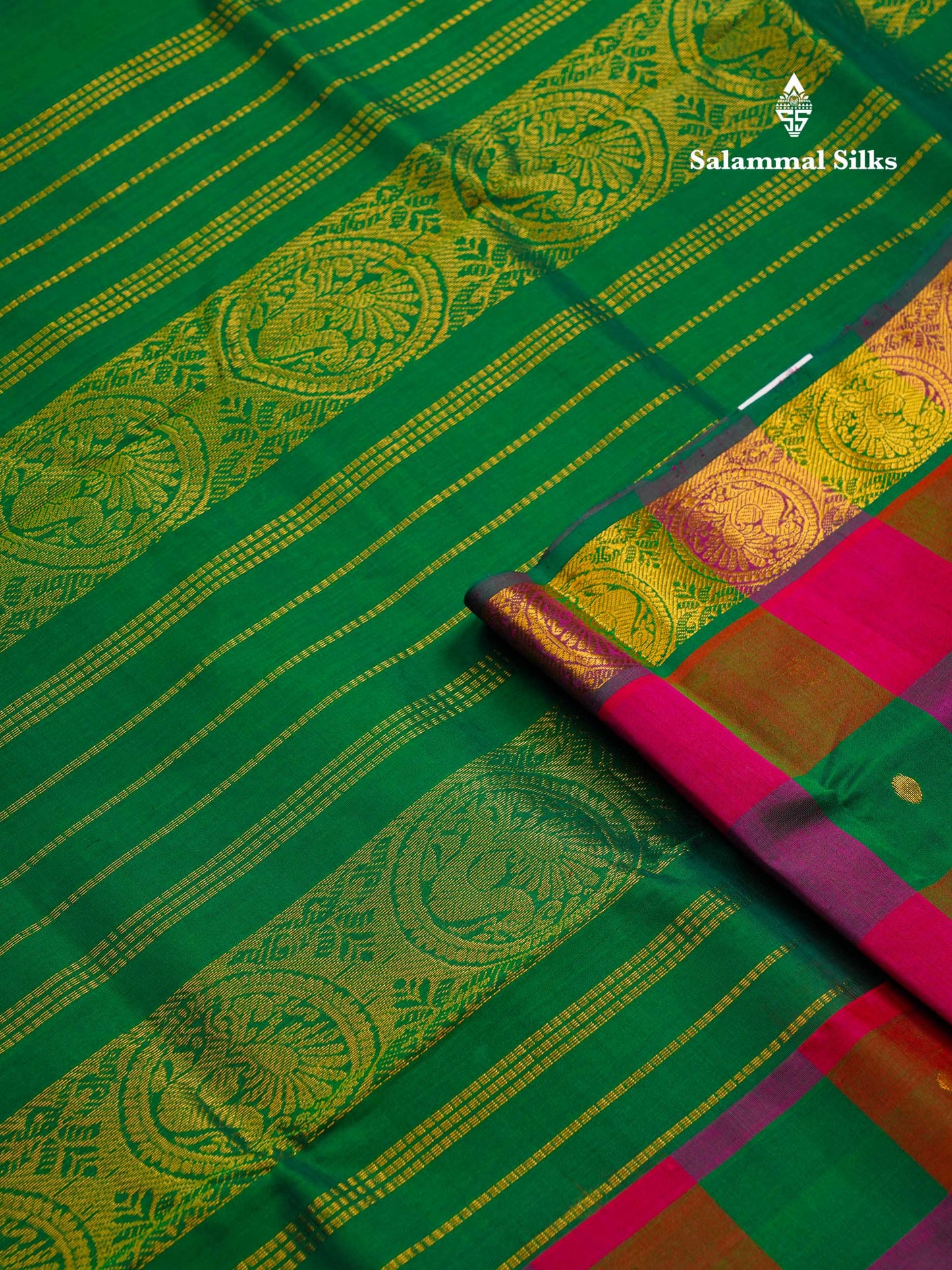 Beautiful Paalum Pazham Checks Pure Silk Cotton Saree With Contrast Saffire Green Blouse