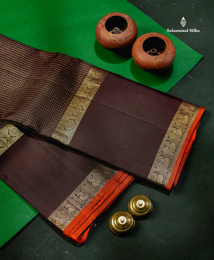 Pure Kanjivaram Silk Saree - Dark Brown Colour Body With Vaira Oosi Checks & Traditional Long Gap Border