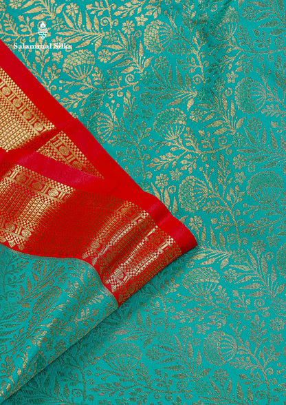 Bridal Semi Silk Saree -  Sea Green Colour Body With Contrast Chilly Red Evening Morning Border