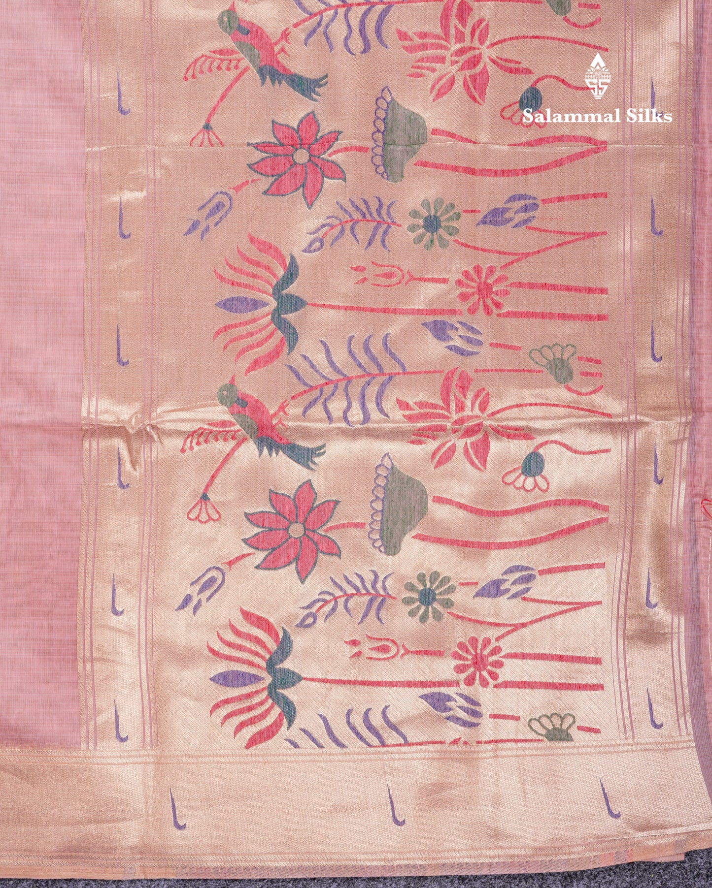 Beautiful Onion Pink Menakari Work Muga Cotton Saree With Fancy Border
