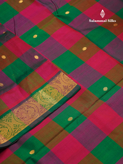 Beautiful Paalum Pazham Checks Pure Silk Cotton Saree With Contrast Saffire Green Blouse