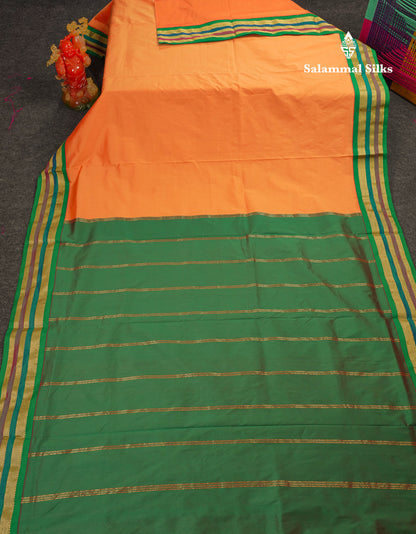 10.5 Yards Semi Silk Saree Green With Contrast Pink Traditional Border