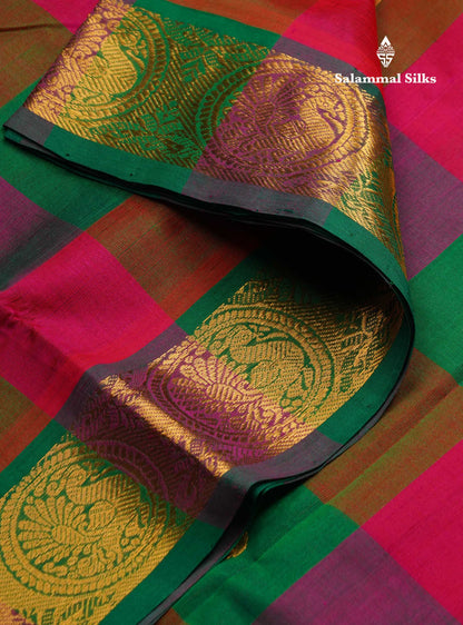 Beautiful Paalum Pazham Checks Pure Silk Cotton Saree With Contrast Saffire Green Blouse