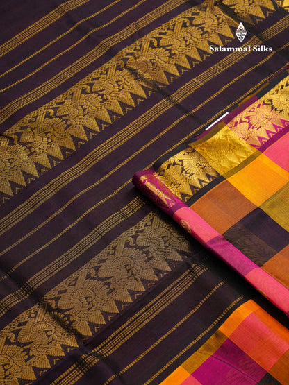 Beautiful Paalum Pazham Checks Pure Silk Cotton Saree With Contrast Dark Purple Blouse