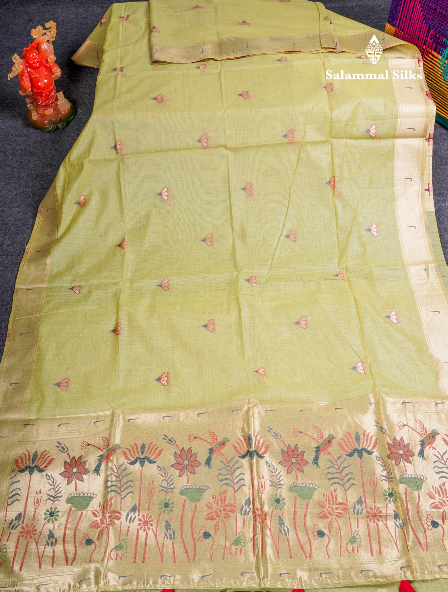 Beautiful Onion Pink Menakari Work Muga Cotton Saree With Fancy Border