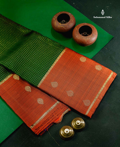 Beautiful Bottle Green Small Zari Checks Pure Kanjivaram Silk Saree With Contrast Dual Tone Brown Traditional Border
