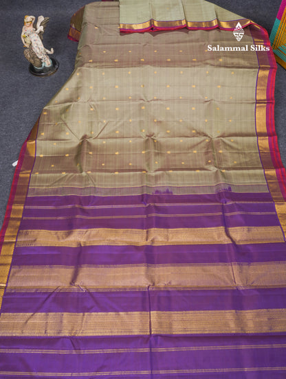 Dual Tone Green Shade Pure Kanjivaram Silk Saree With Contrast Dark Purple Small Border