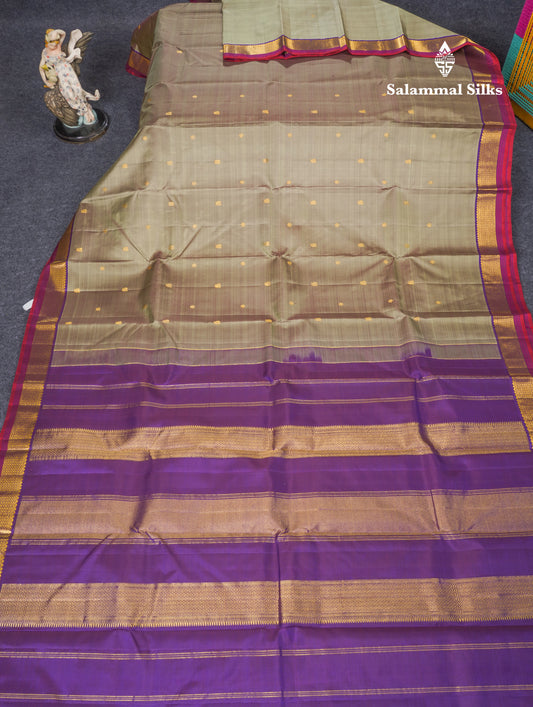 Dual Tone Green Shade Pure Kanjivaram Silk Saree With Contrast Dark Purple Small Border