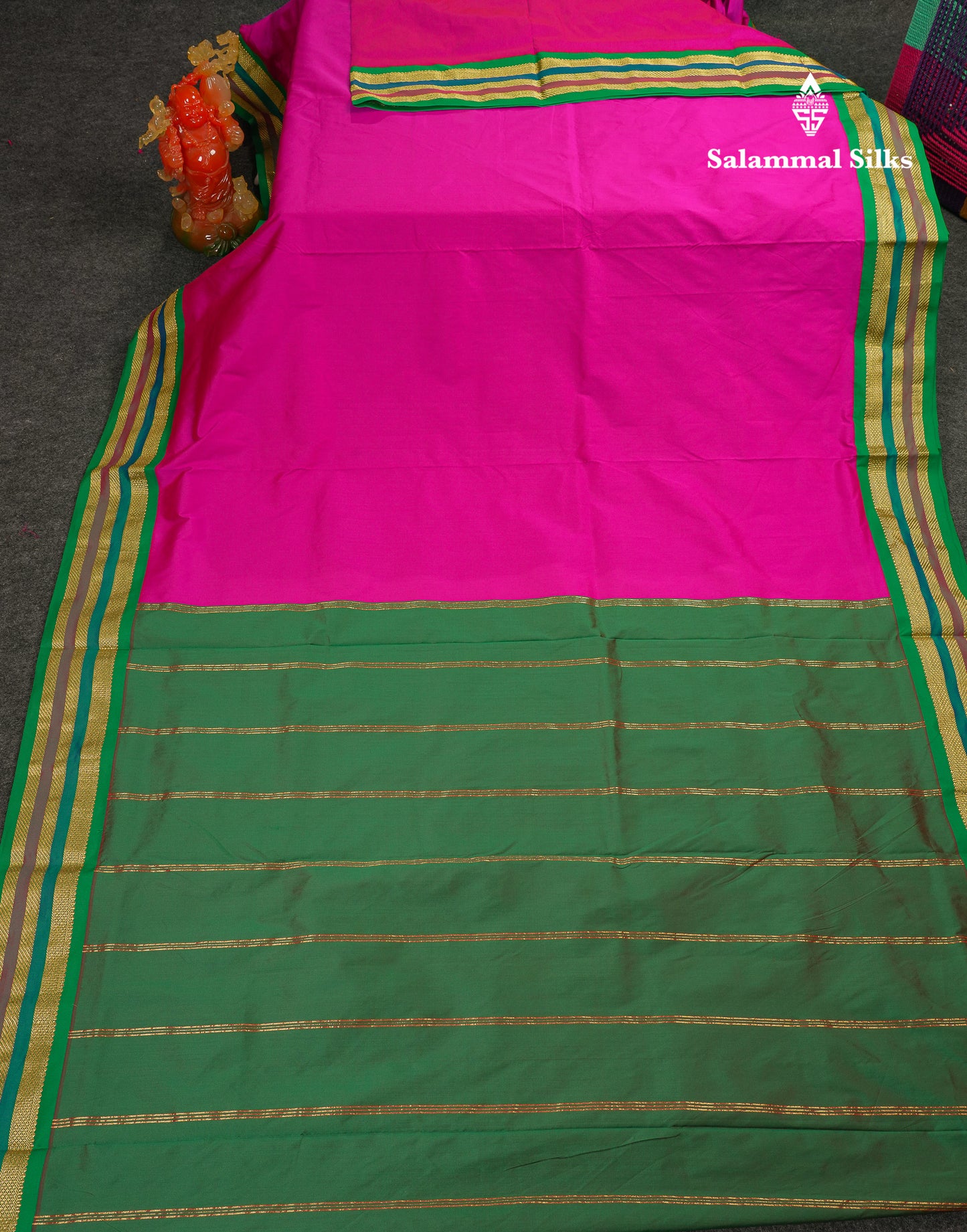 10.5 Yards Semi Silk Saree Green With Contrast Pink Traditional Border