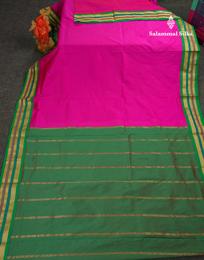 10.5 Yards Semi Silk Saree Green With Contrast Pink Traditional Border
