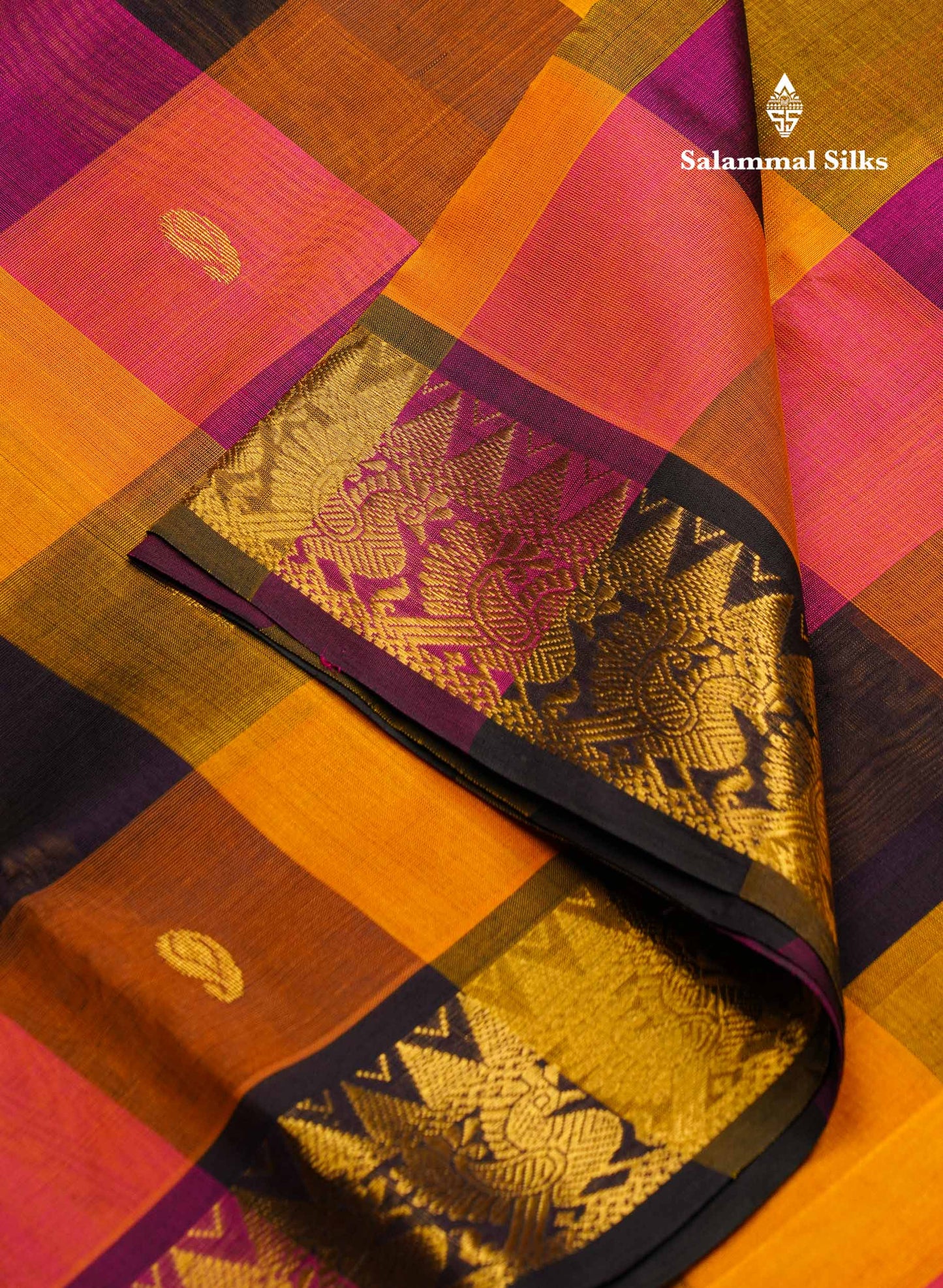 Beautiful Paalum Pazham Checks Pure Silk Cotton Saree With Contrast Dark Purple Blouse